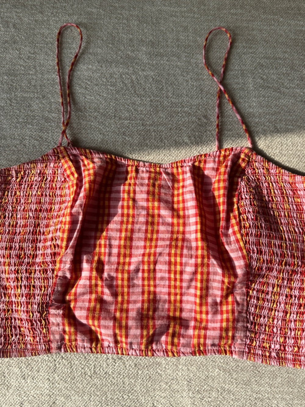 Anthropologie Pink & Red Plaid Smocked Crop Cami